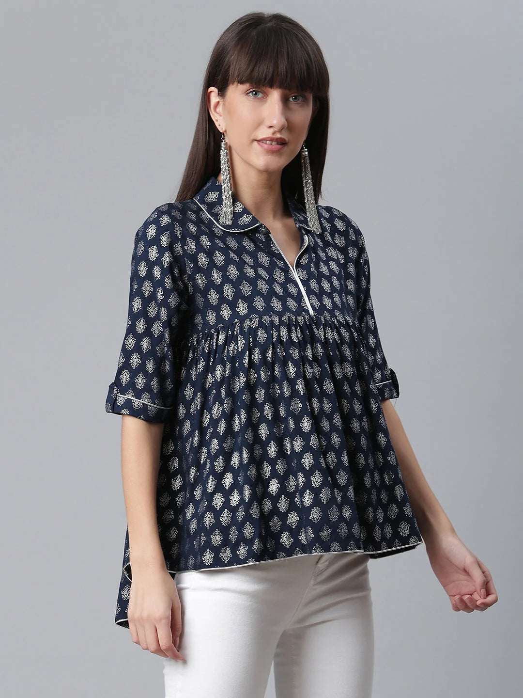 Navy Foil Printed Tunic Top - Indian Kurta for Ladies