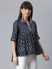 Viscose Rayon Navy Blue Foil Silver Printed Western Tunic-AHTURYFP-8043