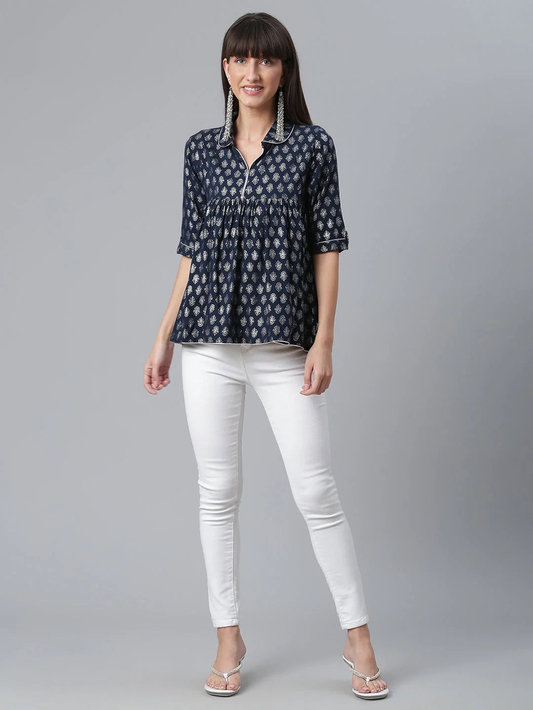 Navy Foil Printed Tunic Top - Indian Kurta for Ladies