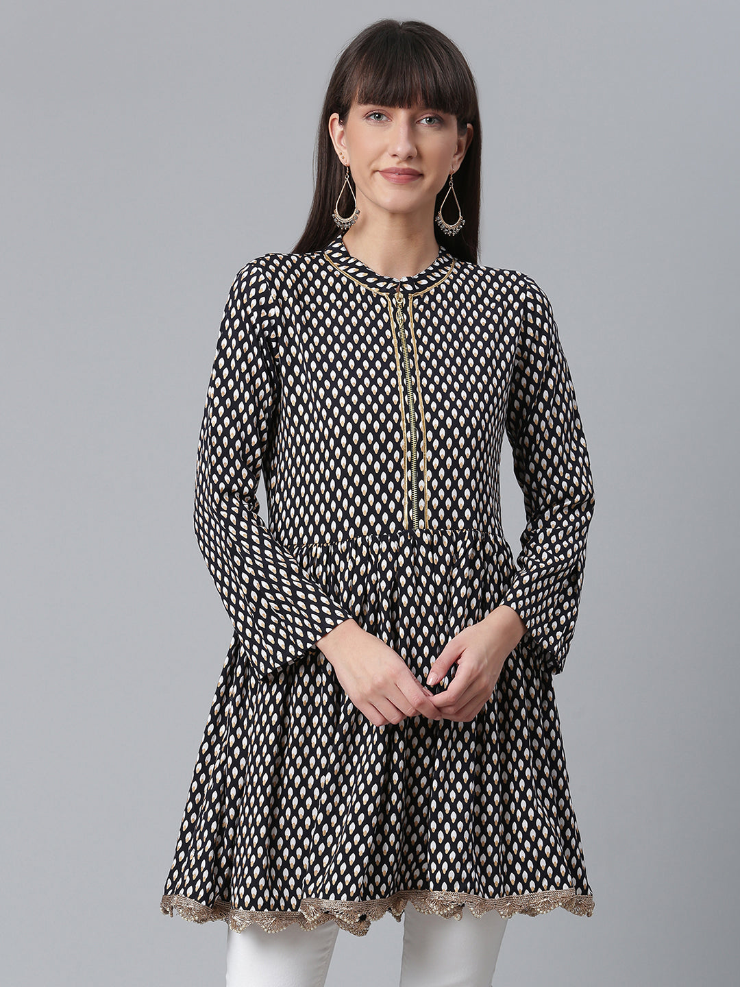Black Printed Tunic Top - Viscose Rayon Indian Kurta Ladies