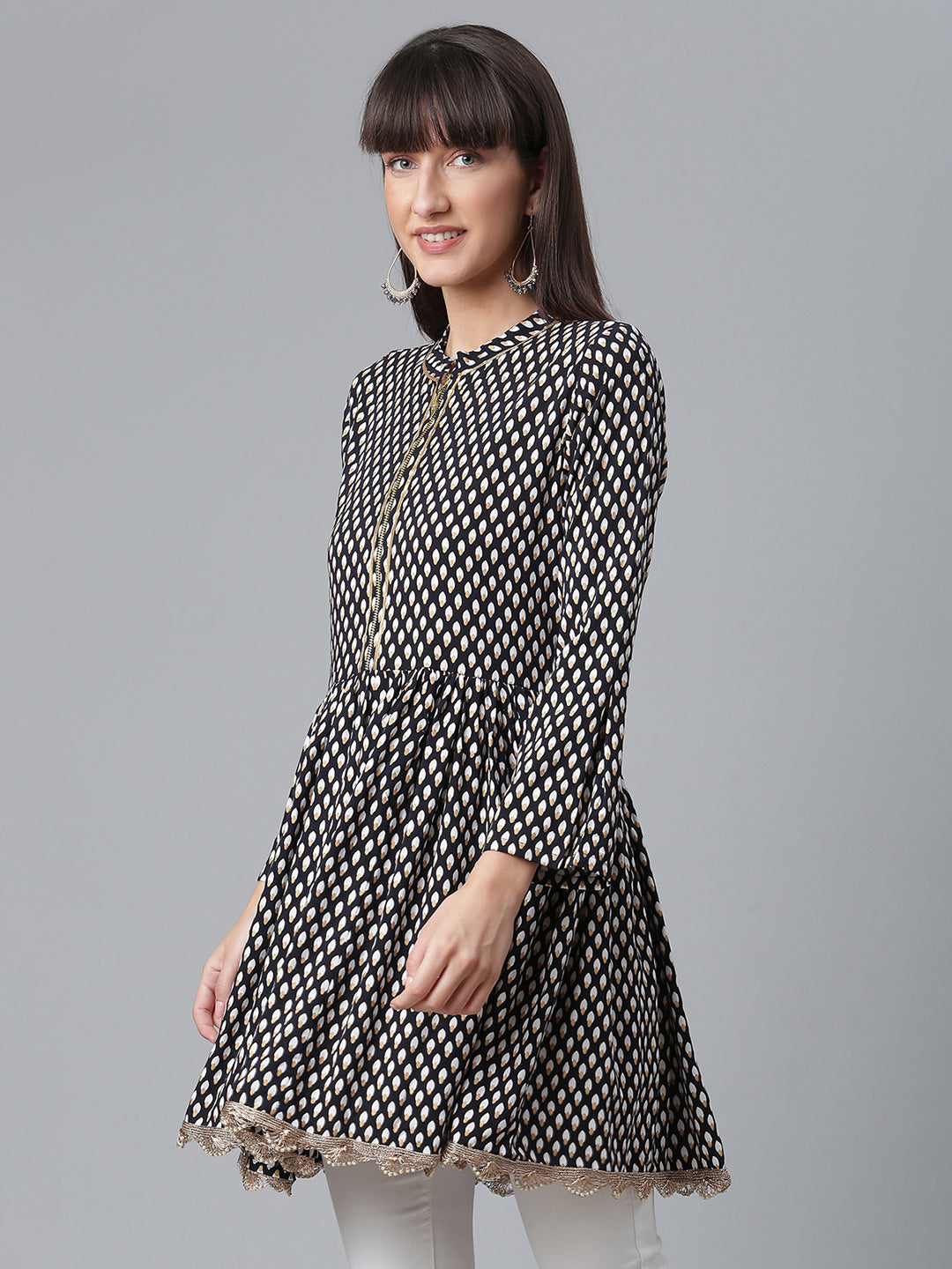 Black Printed Tunic Top - Viscose Rayon Indian Kurta Ladies