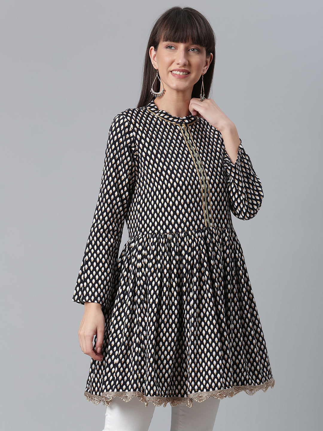 Black Printed Tunic Top - Viscose Rayon Indian Kurta Ladies