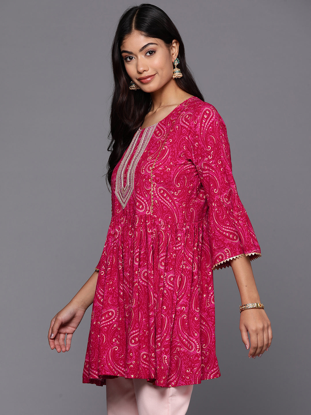 Pink Printed Ethnic Tunic - Indian Kurta Ladies Online