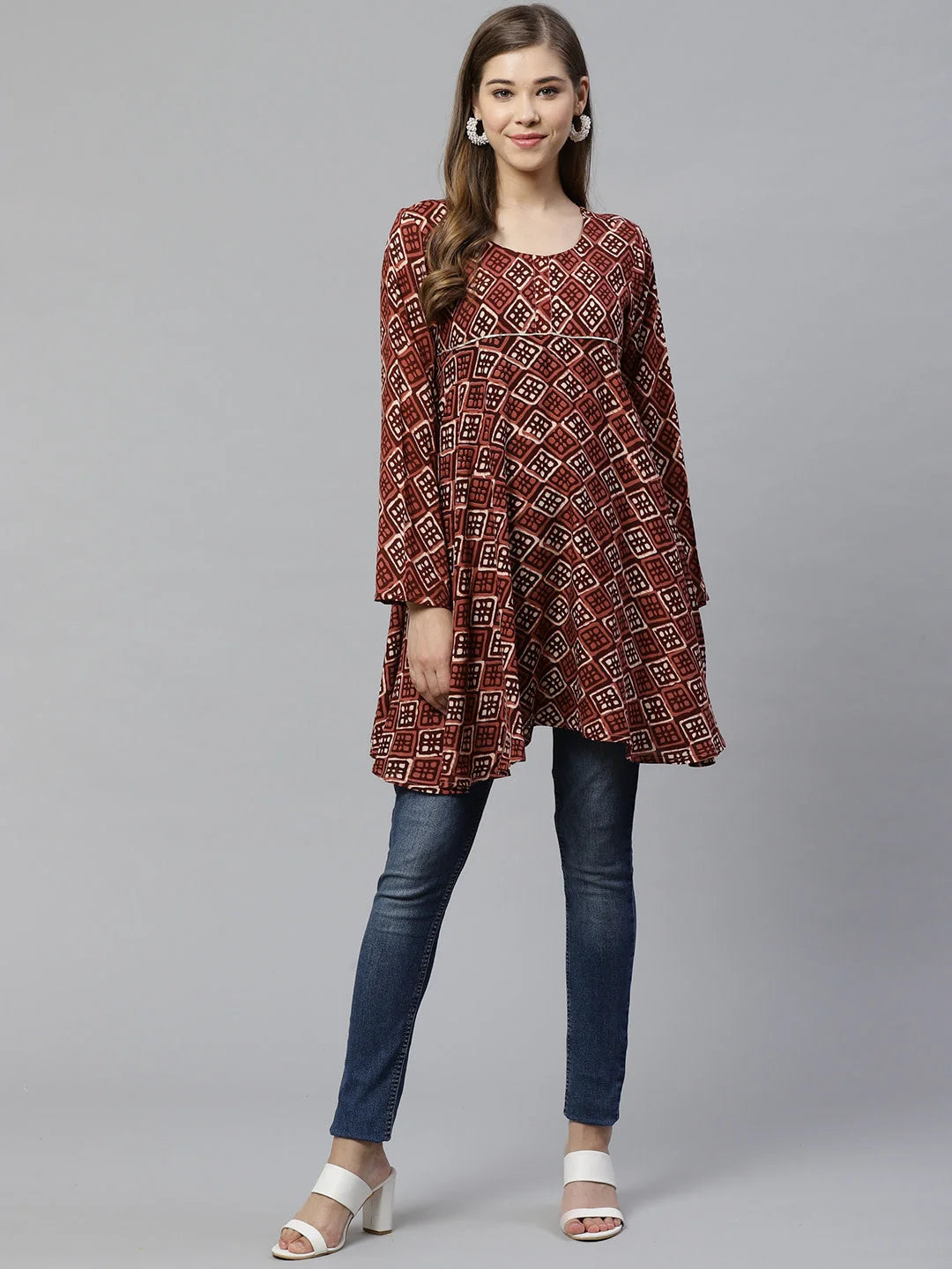 Maroon & Beige Printed Tunic - Indian Kurta for Ladies