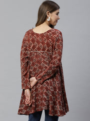Maroon & Beige Ethnic Printed Asymmetric Tunic-AHTURYWXDS-8001