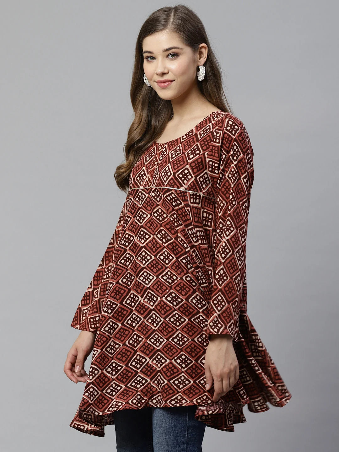 Maroon & Beige Printed Tunic - Indian Kurta for Ladies