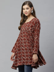 Maroon & Beige Ethnic Printed Asymmetric Tunic-AHTURYWXDS-8001