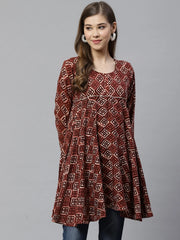 Maroon & Beige Ethnic Printed Asymmetric Tunic-AHTURYWXDS-8001