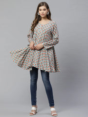 White & Teal Green Ethnic Printed Asymmetric Tunic-AHTURYWXDS-8005
