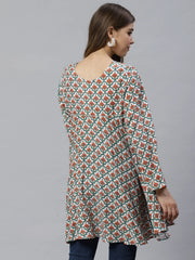 White & Teal Green Ethnic Printed Asymmetric Tunic-AHTURYWXDS-8005