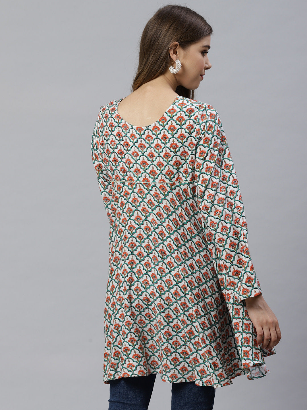 White & Teal Asymmetric Tunic Top - Indian Kurta for Ladies