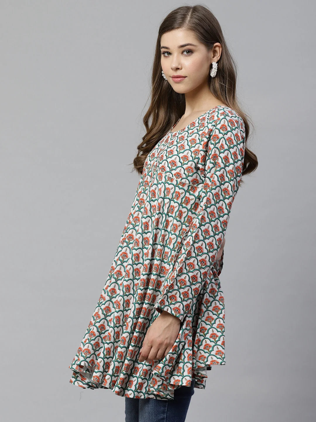 White & Teal Asymmetric Tunic Top - Indian Kurta for Ladies