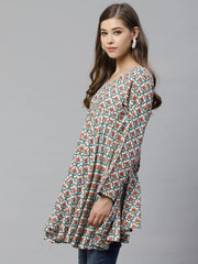 White & Teal Green Ethnic Printed Asymmetric Tunic-AHTURYWXDS-8005