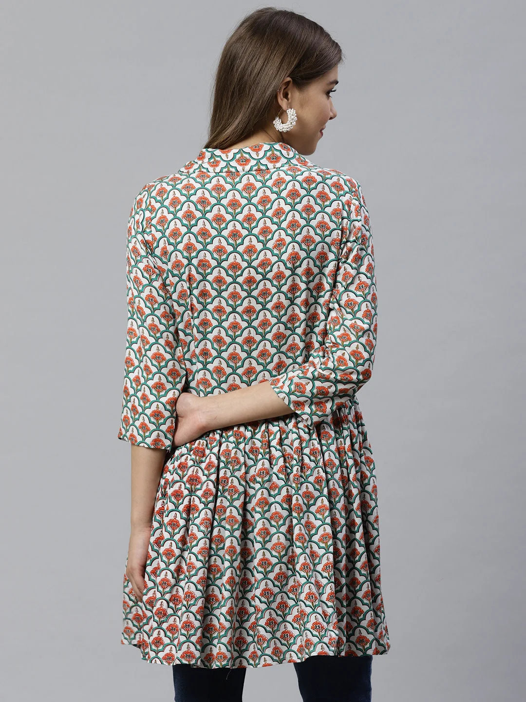 White & Teal Printed Tunic Top - Indian Kurta for Women