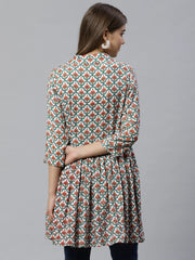 White & Teal Green Ethnic Printed Waist Tie-Up Tunic-AHTURYWXDS-8006