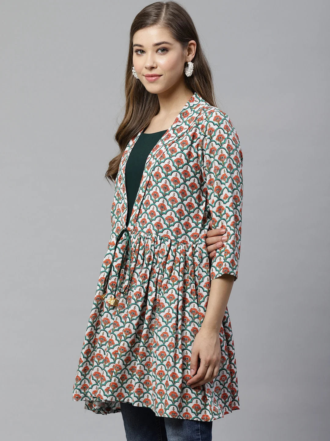 White & Teal Printed Tunic Top - Indian Kurta for Women