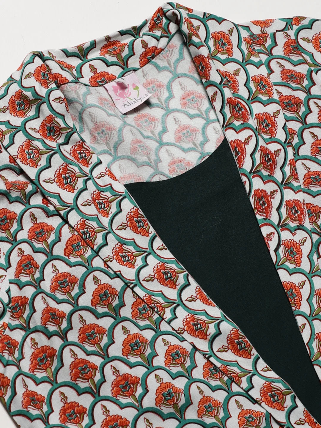 White & Teal Printed Tunic Top - Indian Kurta for Women