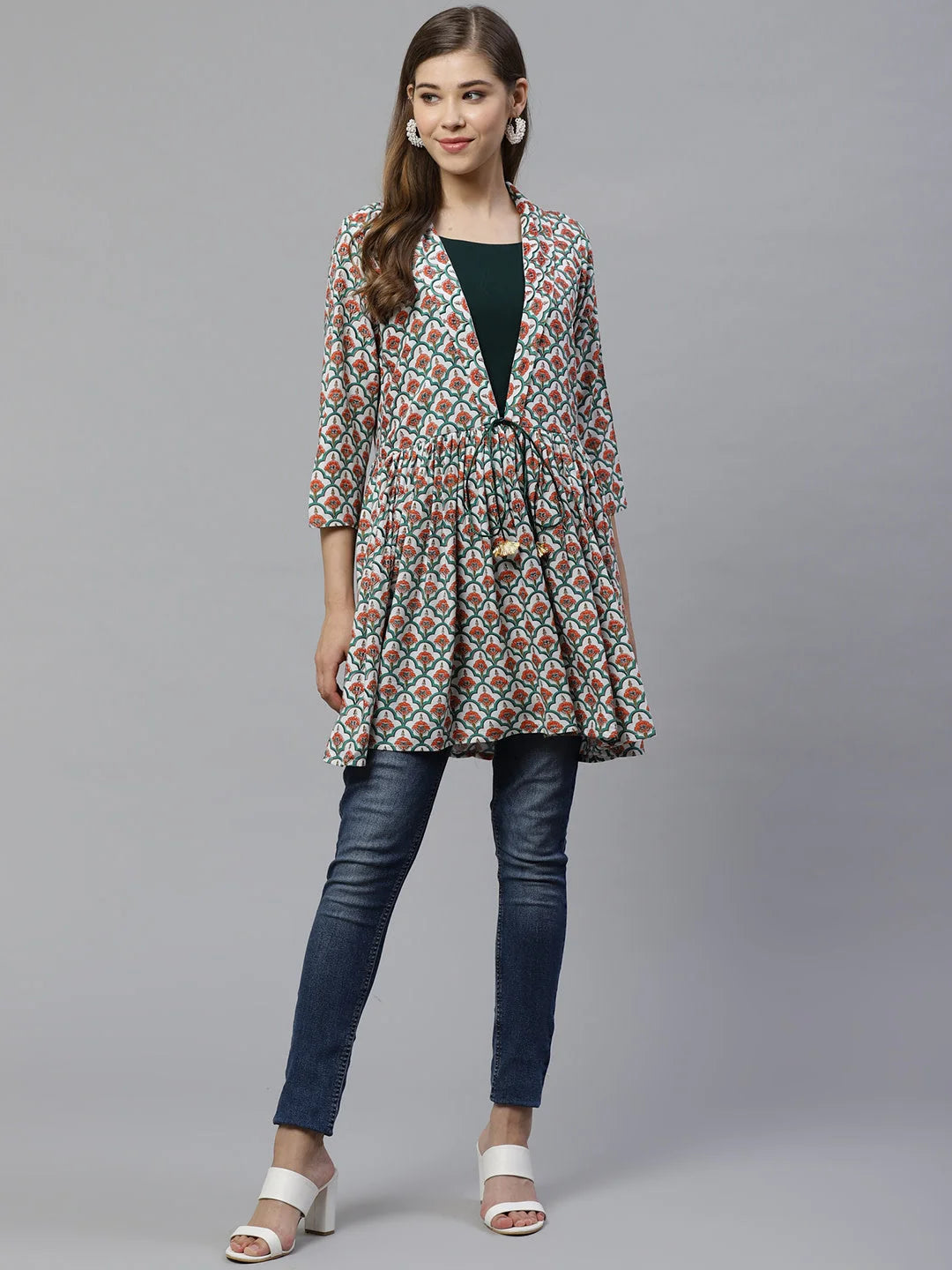 White & Teal Printed Tunic Top - Indian Kurta for Women
