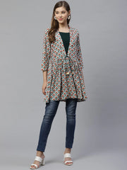 White & Teal Green Ethnic Printed Waist Tie-Up Tunic-AHTURYWXDS-8006