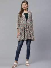 White & Teal Green Ethnic Printed Waist Tie-Up Tunic-AHTURYWXDS-8006