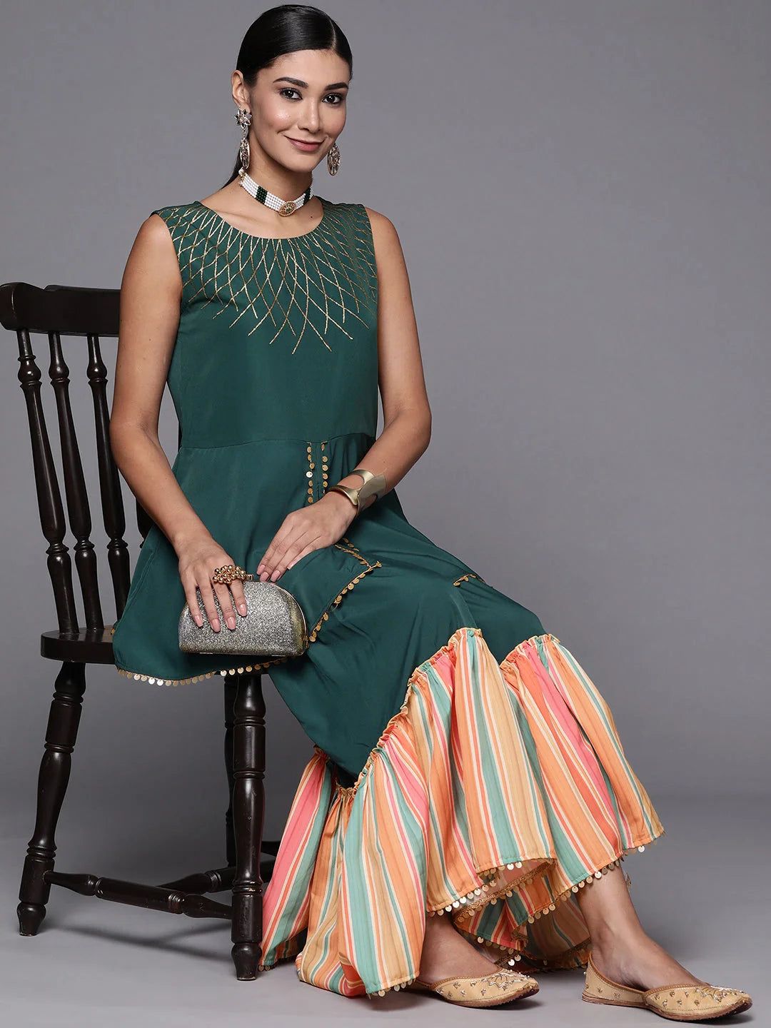 Green Printed Sharara Set - Women's Co ord Sets with Sequins