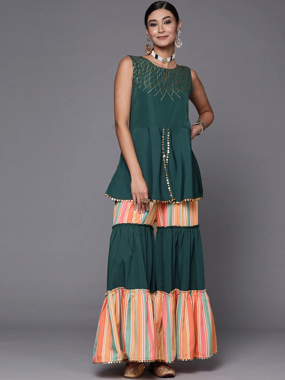 Green Printed Sharara Set - Women's Co ord Sets with Sequins