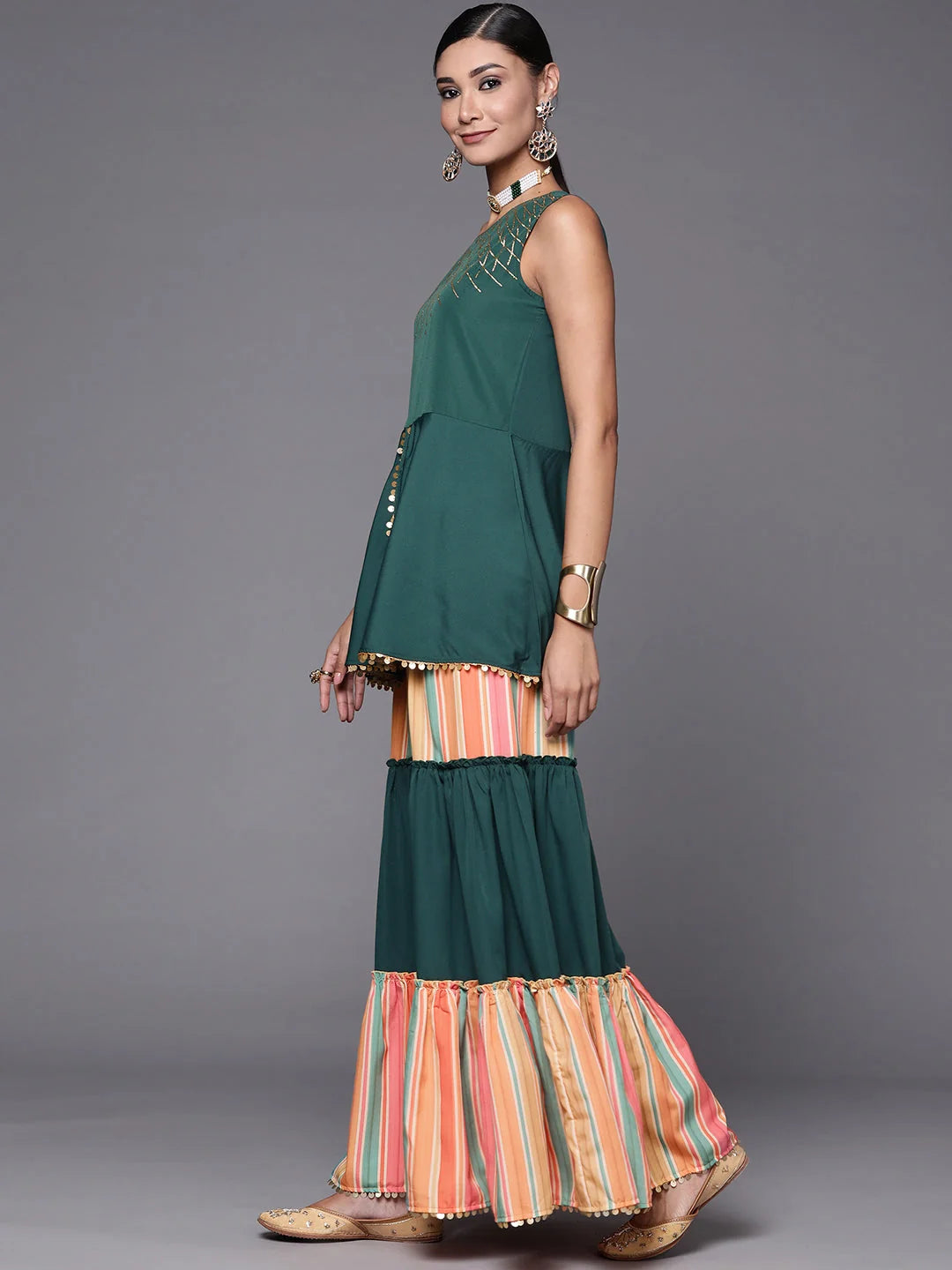 Green Printed Sharara Set - Women's Co ord Sets with Sequins