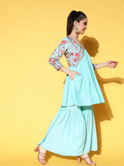 Women's Blue Floral Printed Pleated Sharara Set-AHTUSH-COMBO-571