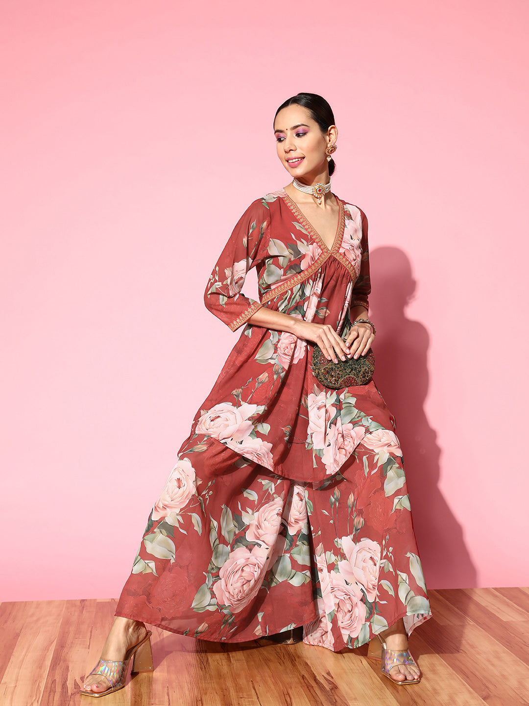 Women's Red Floral Printed Empire Sharara Set-AHTUSH-COMBO-648