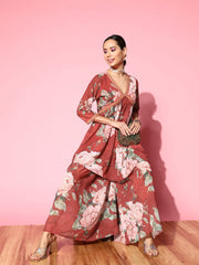 Women's Red Floral Printed Empire Sharara Set-AHTUSH-COMBO-648