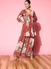 Women's Red Floral Printed Empire Sharara Set-AHTUSH-COMBO-648