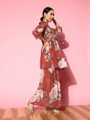 Women's Red Floral Printed Empire Sharara Set-AHTUSH-COMBO-648