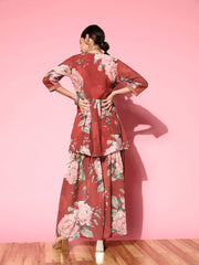 Women's Red Floral Printed Empire Sharara Set-AHTUSH-COMBO-648