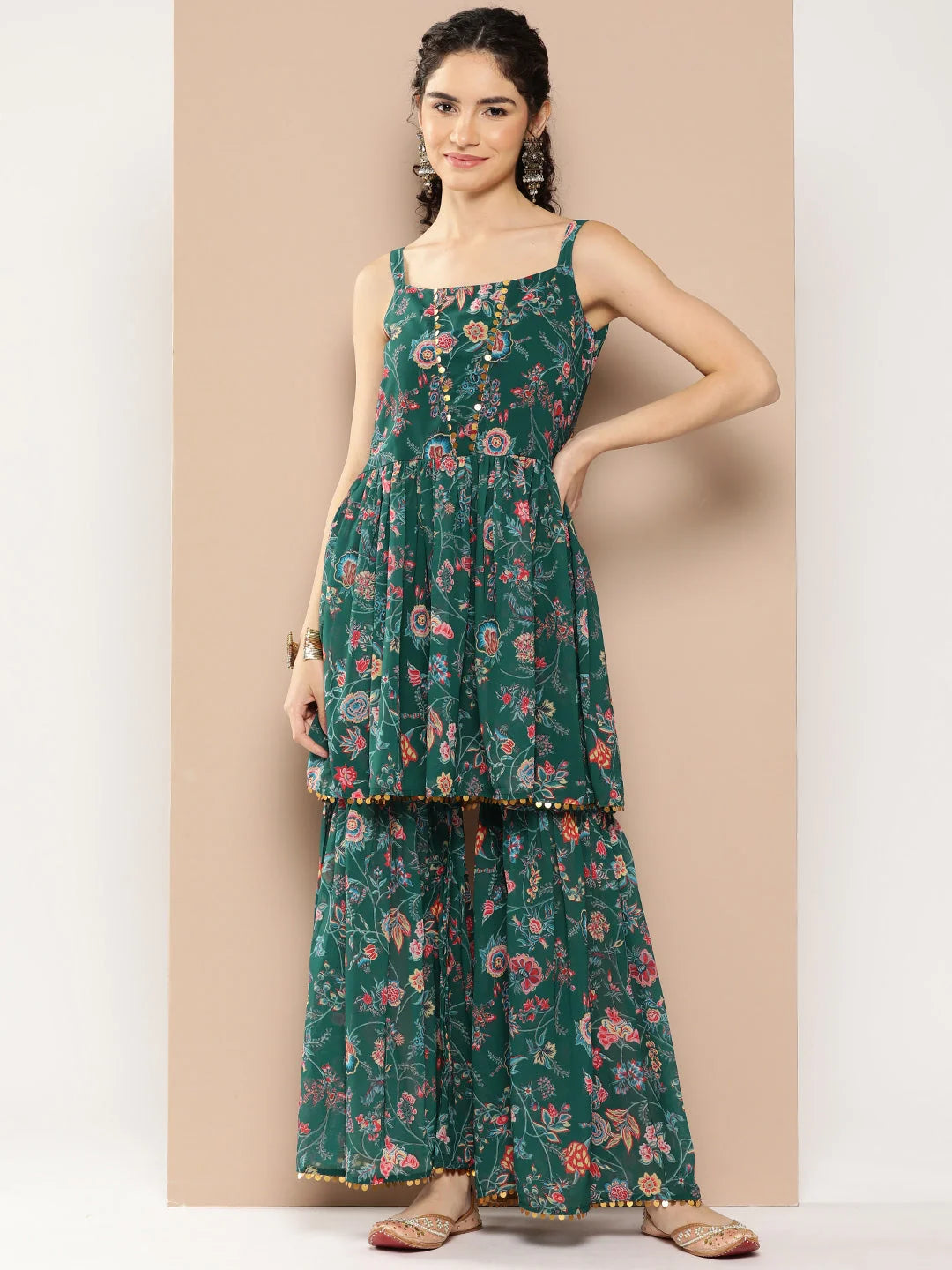 Green Sequinned Sharara Set | Designer Sharara Suits Online