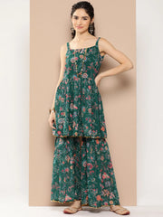 Women's Green Floral Printed Pleated Sequinned Sharara Set-AHTUSH-COMBO-656-ICH