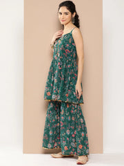Women's Green Floral Printed Pleated Sequinned Sharara Set-AHTUSH-COMBO-656-ICH