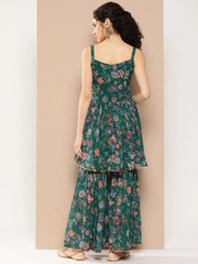 Women's Green Floral Printed Pleated Sequinned Sharara Set-AHTUSH-COMBO-656-ICH