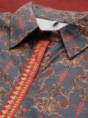 Grey Shirt Collar Velvet Digital Printed Tunic-AHTUVLDP-8111