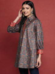 Grey Shirt Collar Velvet Digital Printed Tunic-AHTUVLDP-8111