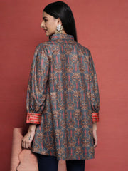 Grey Shirt Collar Velvet Digital Printed Tunic-AHTUVLDP-8111