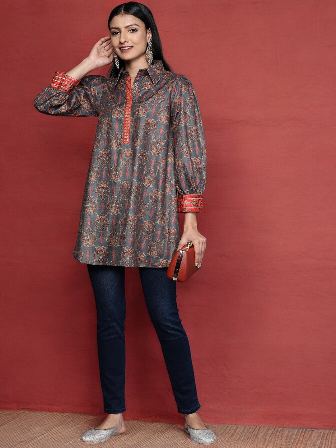 Grey Velvet Tunic Top - Digital Print Indian Kurtis for Women