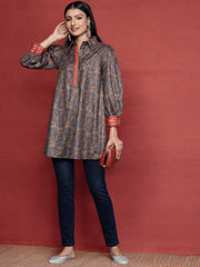 Grey Shirt Collar Velvet Digital Printed Tunic-AHTUVLDP-8111