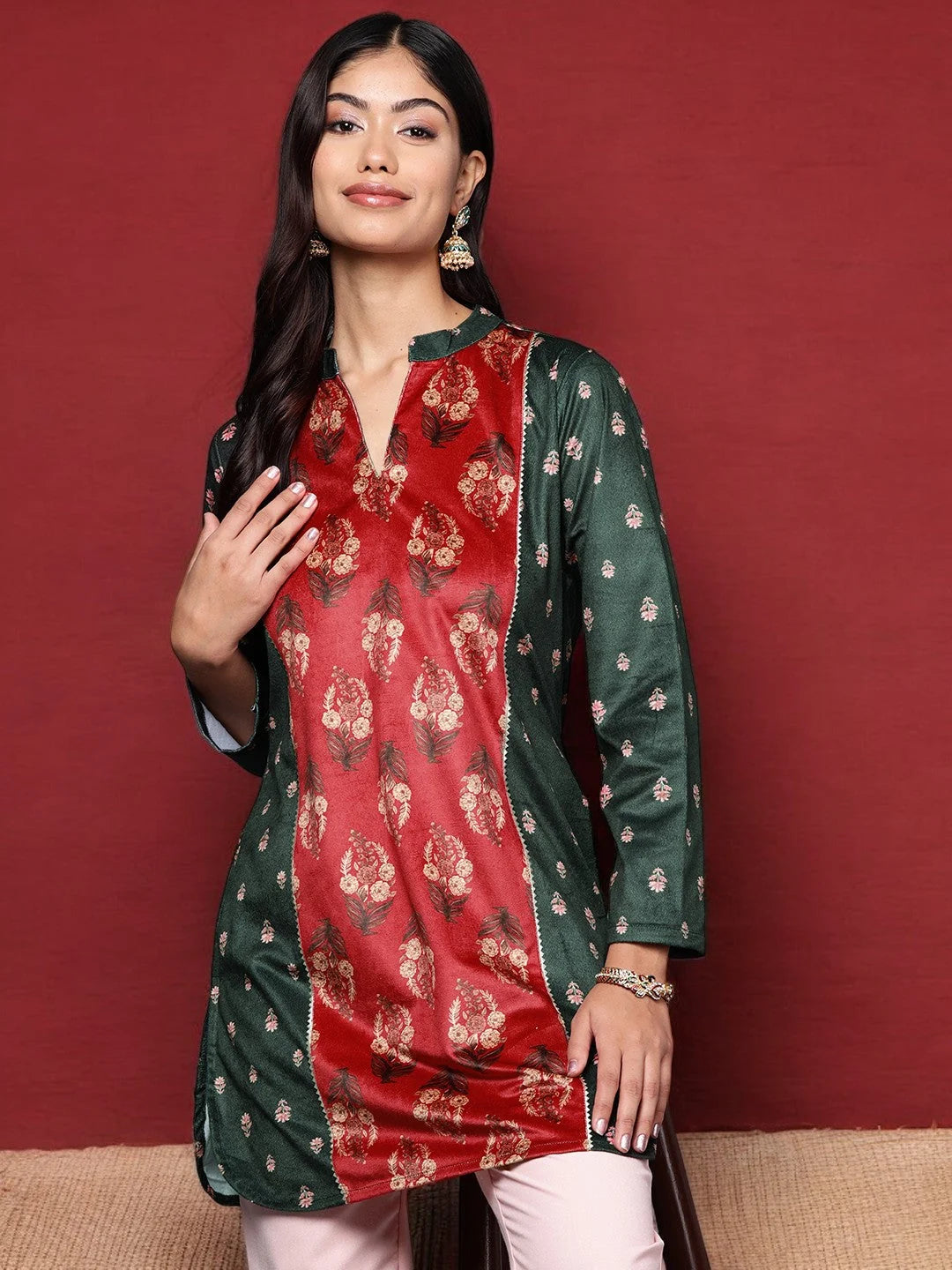 Green & Red Printed Velvet Tunic Top - Indian Kurtis for Women