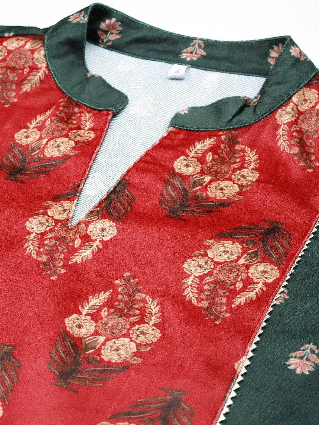 Green & Red Printed Velvet Tunic Top - Indian Kurtis for Women
