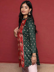 Green & Red Printed Velvet Tunic-AHTUVLDP-8169