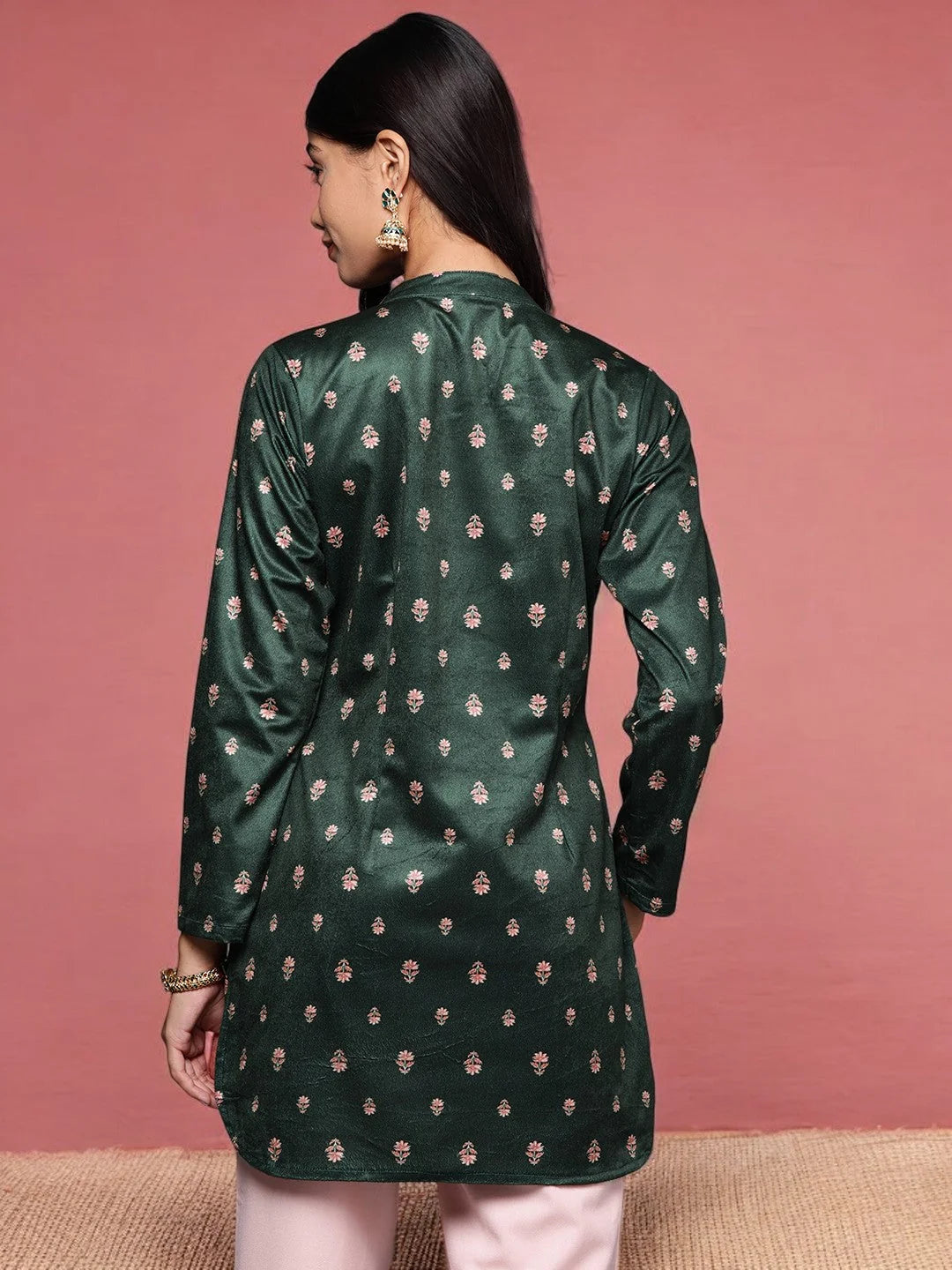 Green & Red Printed Velvet Tunic Top - Indian Kurtis for Women