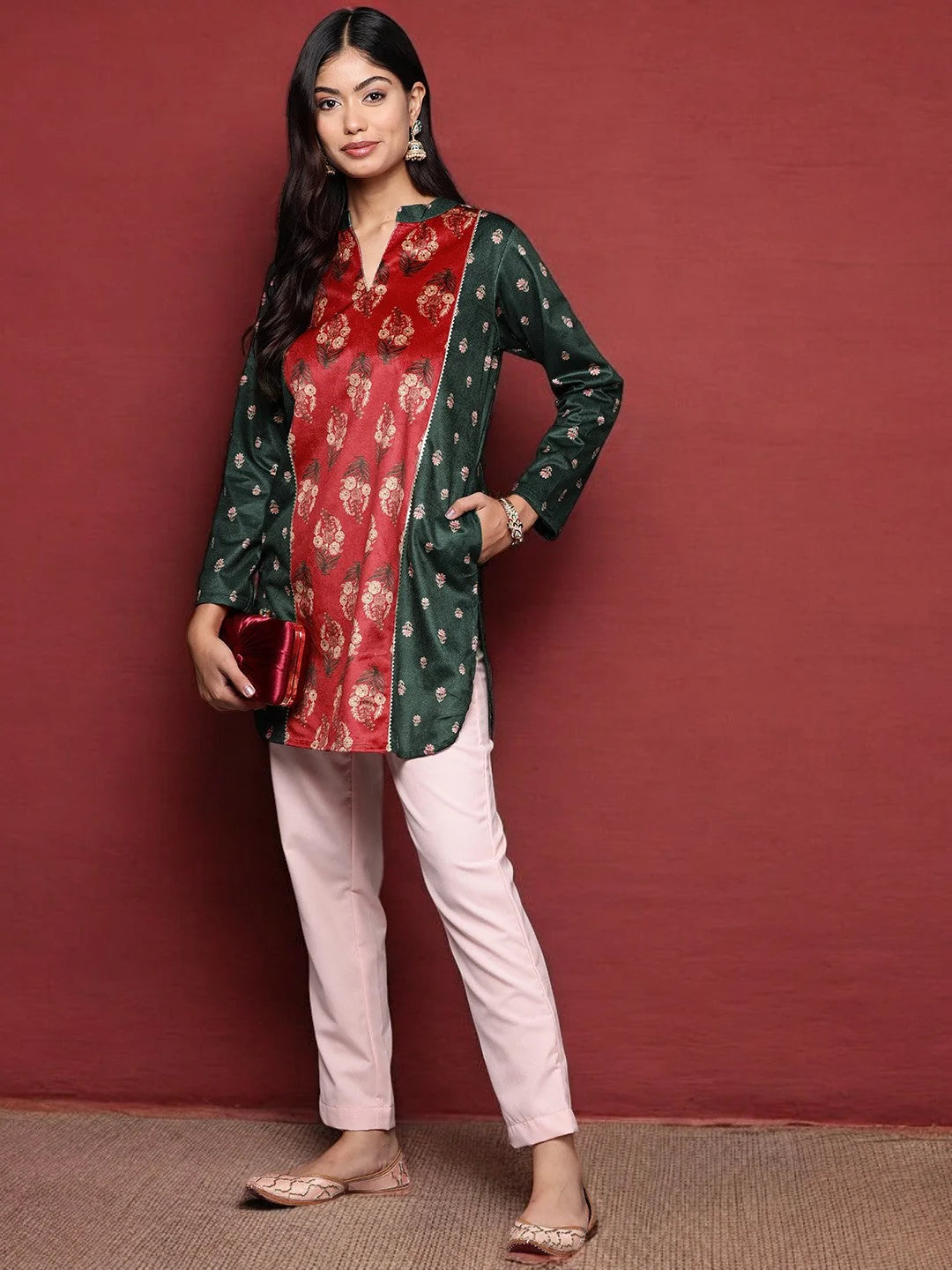 Green & Red Printed Velvet Tunic Top - Indian Kurtis for Women