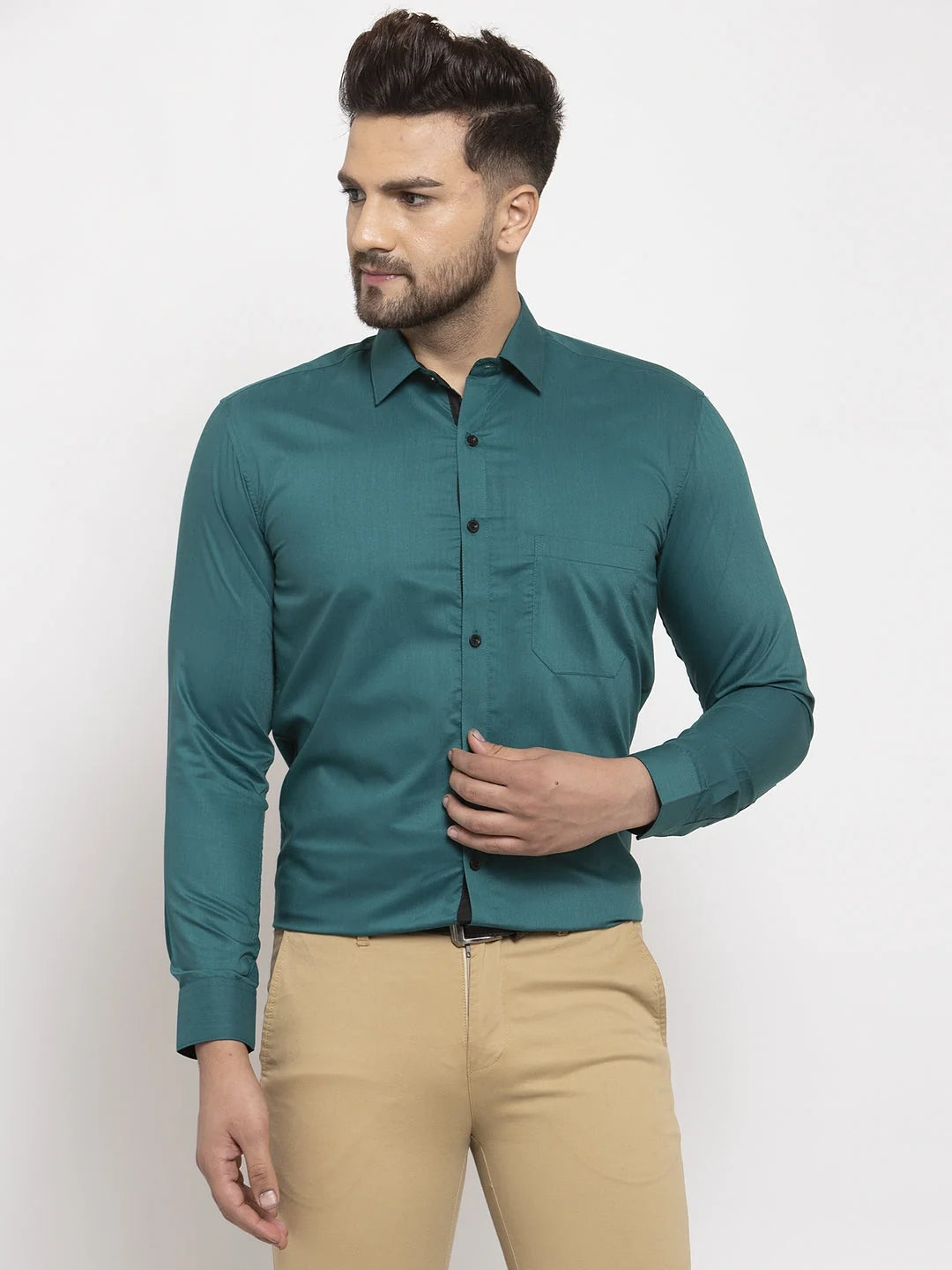 Teal Blue Cotton Formal Shirts - Mens Shirt with Black Detail