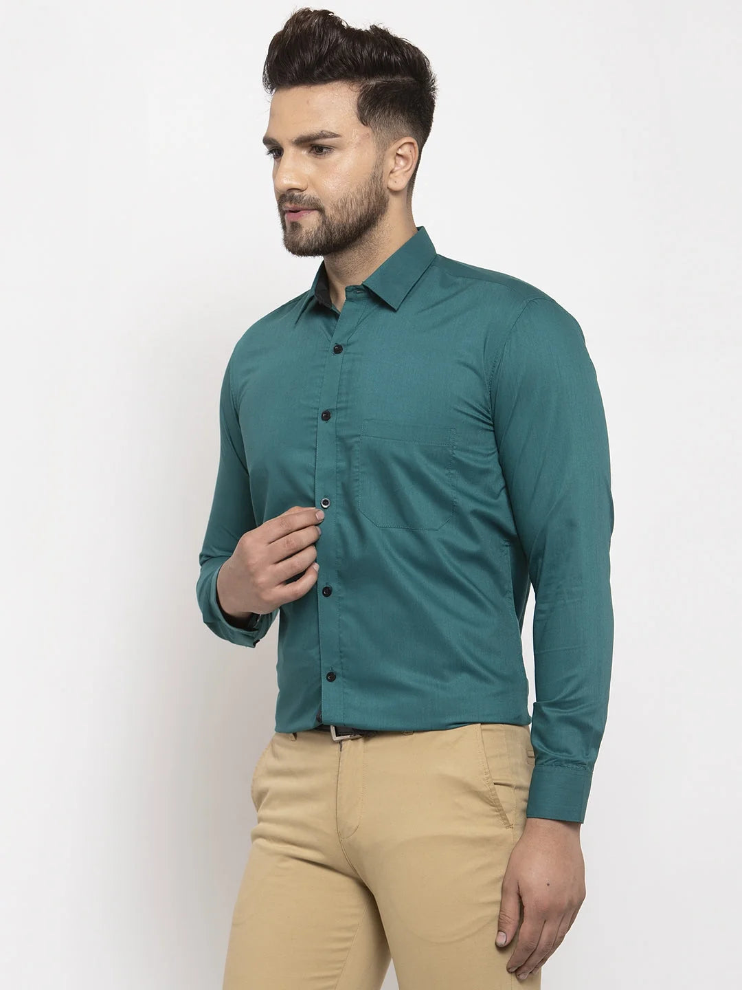 Teal Blue Cotton Formal Shirts - Mens Shirt with Black Detail