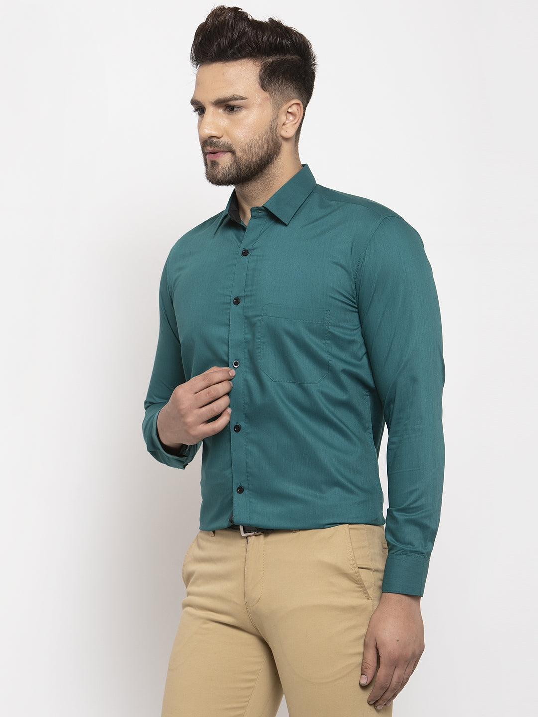 Teal Blue Cotton Formal Shirts - Mens Shirt with Black Detail